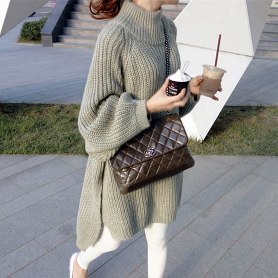 韓國東大門時尚新款中長款寬松套頭慵懶針織毛衣連衣裙女潮
