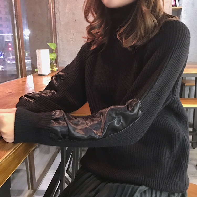 韓國復古chic風秋冬寬松拼接袖高領套頭顯瘦百搭中長款毛衣女