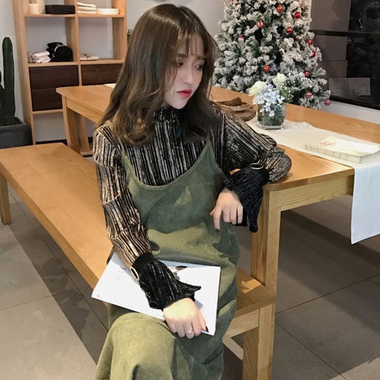 韓國chic秋冬百褶絲絨立領撞色喇叭袖金屬扣長袖打底衫T恤女