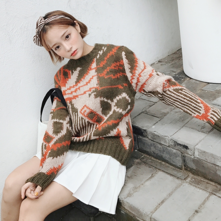 韓國復古原宿風冬款抽象圖案迷彩寬松圓領套頭學生毛線毛衣女